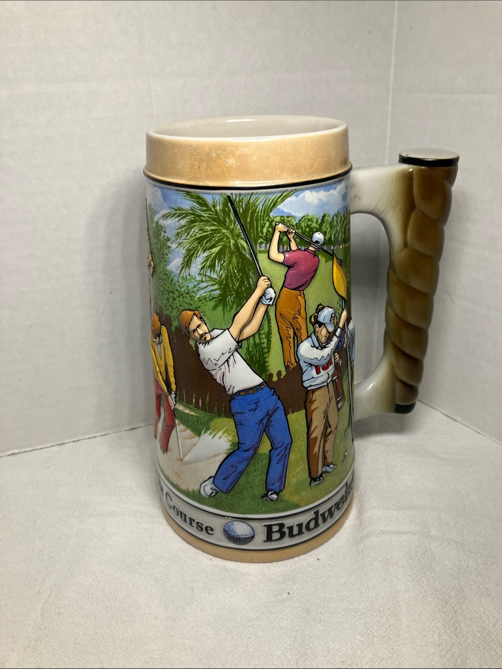 Budweiser Ceramic Golf Stein in Blue, Green, Beige and Brown